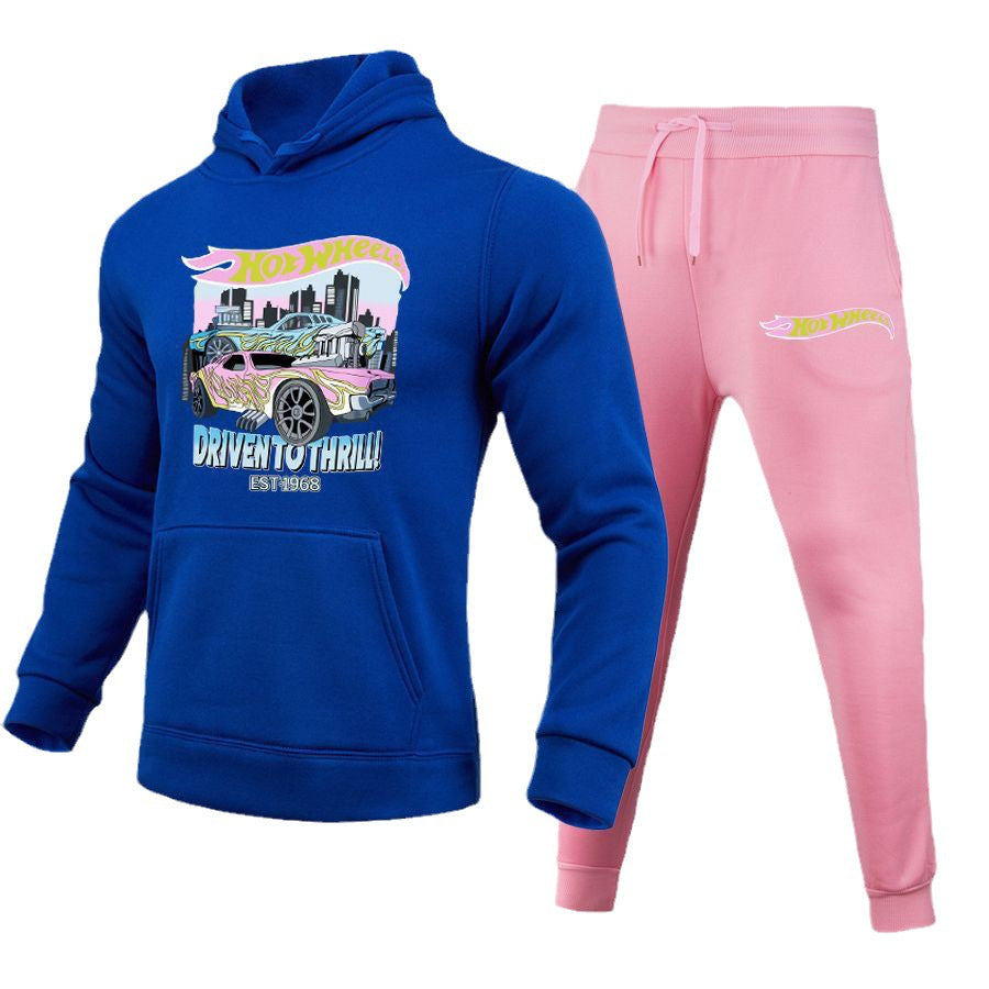 Comfortable hoodie and jogger pants set for women with striking car pattern Lune London
