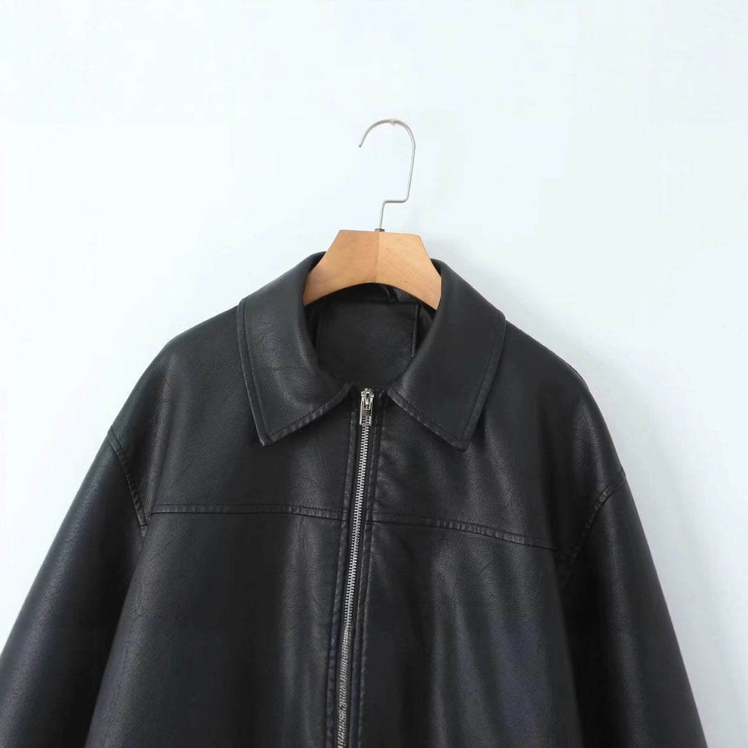 Casual leather jacket for women with elastic hem and practical pockets Lune London