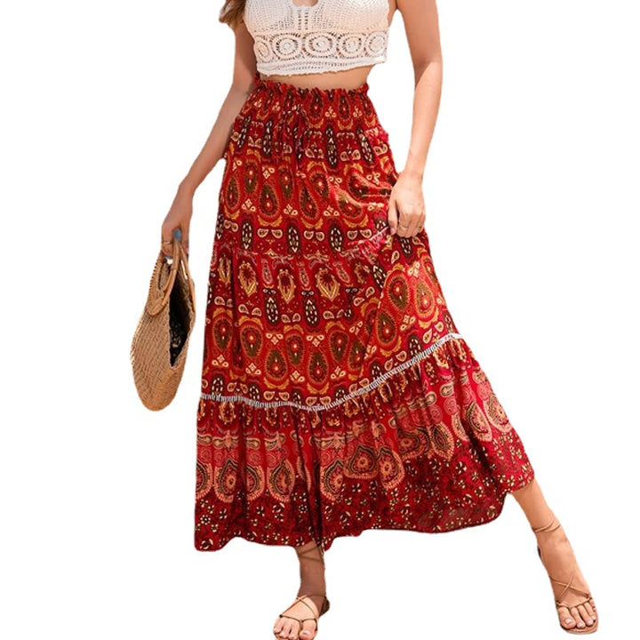Long skirt for women with artistic paisley pattern and voluminous hem Lune London