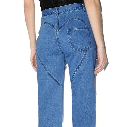 Ladies jeans with an extravagant cut-out design and glittering embellishments
