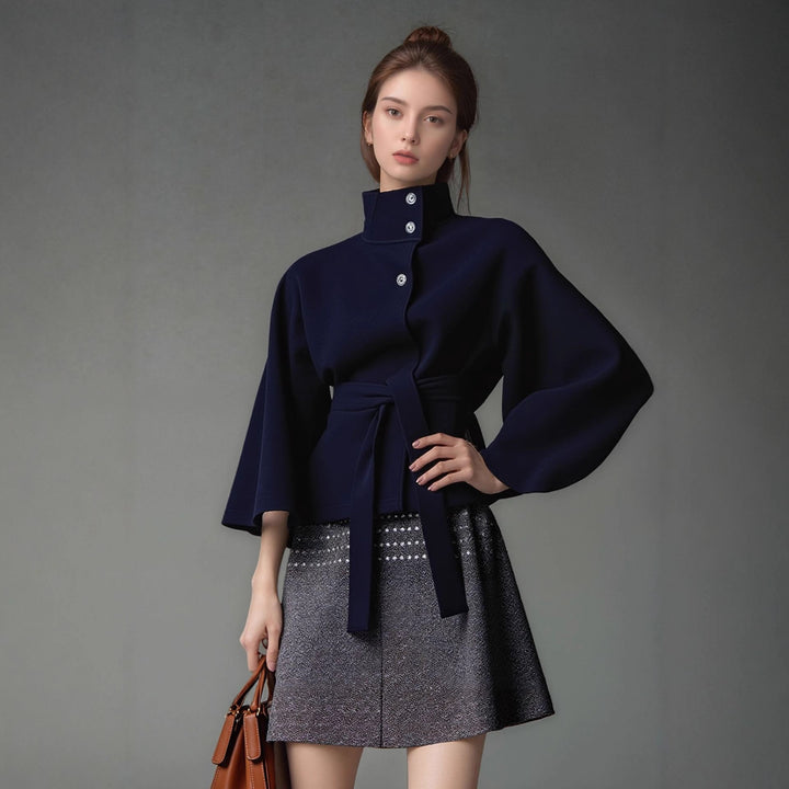 Ladies modern Cape-jacket with removable belt and high collar Lune London