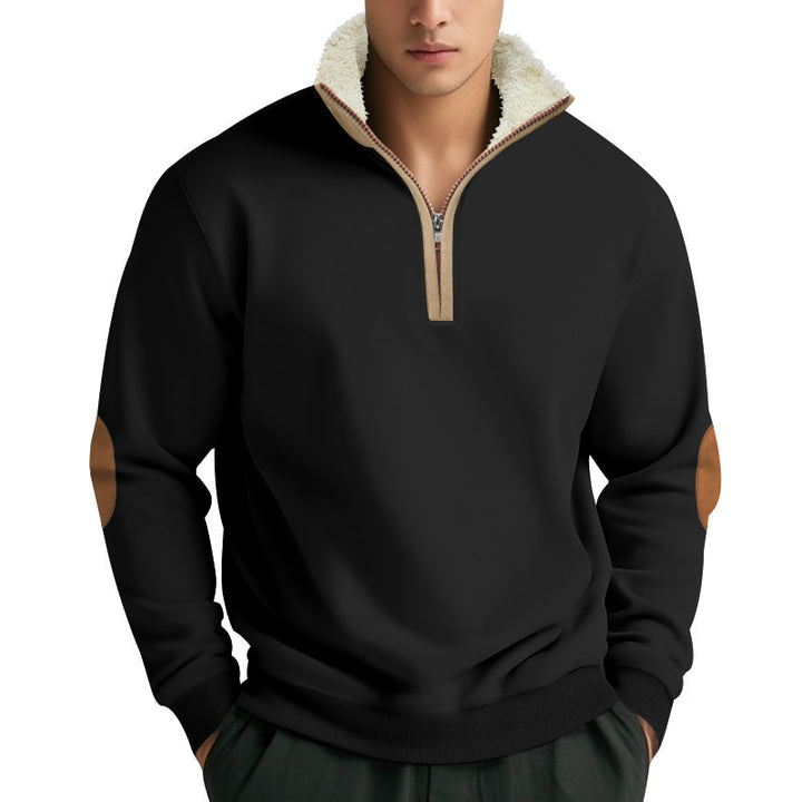 Trendy fleece pullover for men with half-zip and contrasting elbow patches Lune London