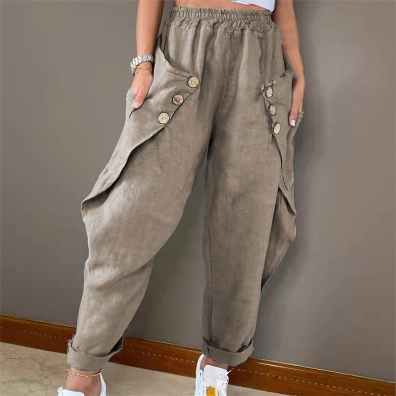 Casual summer pants for women with button details and practical side pockets Lune London