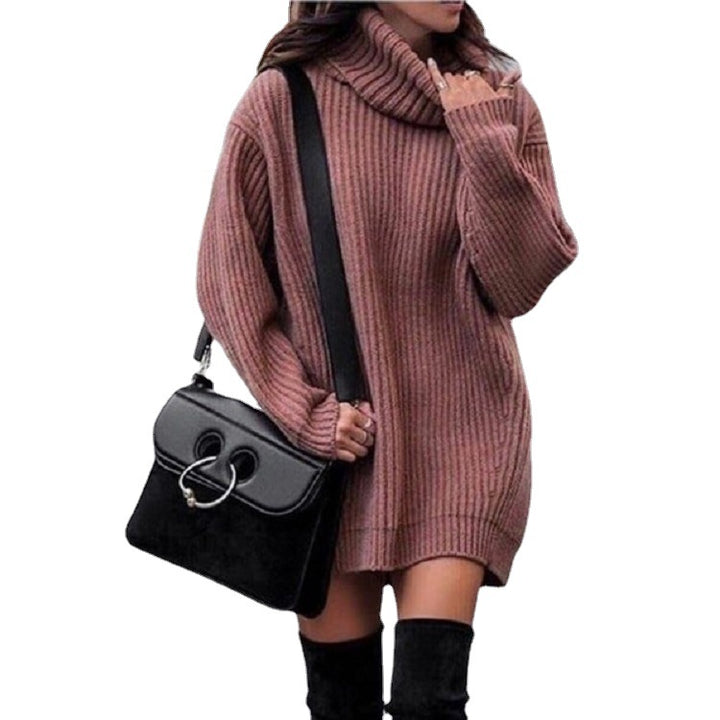 Knitted dress for women with high collar and ribbed structure Lune London