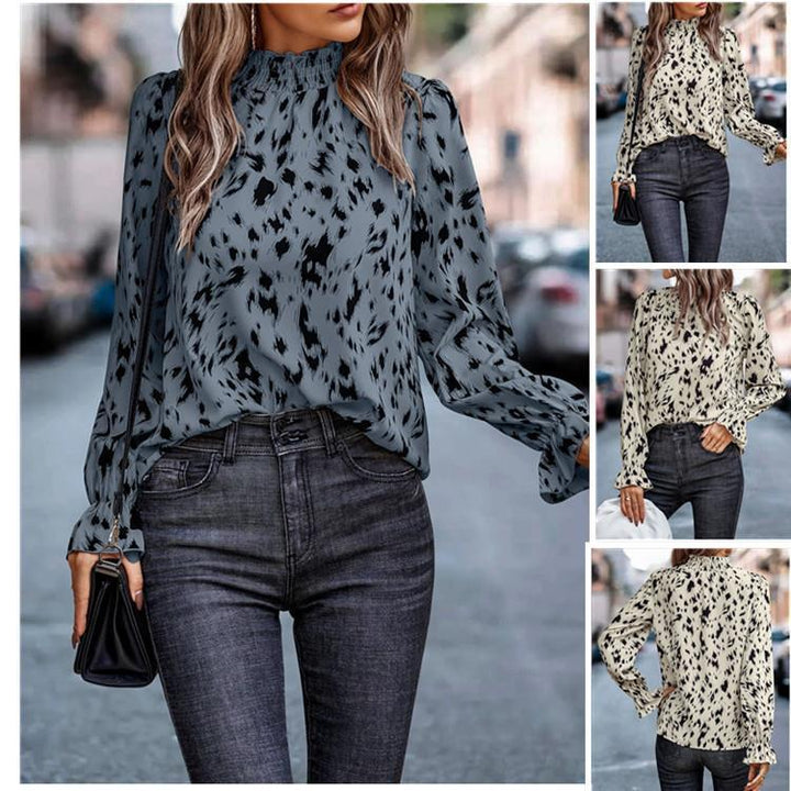 Women's blouse with ruffle collar and animal print Lune London