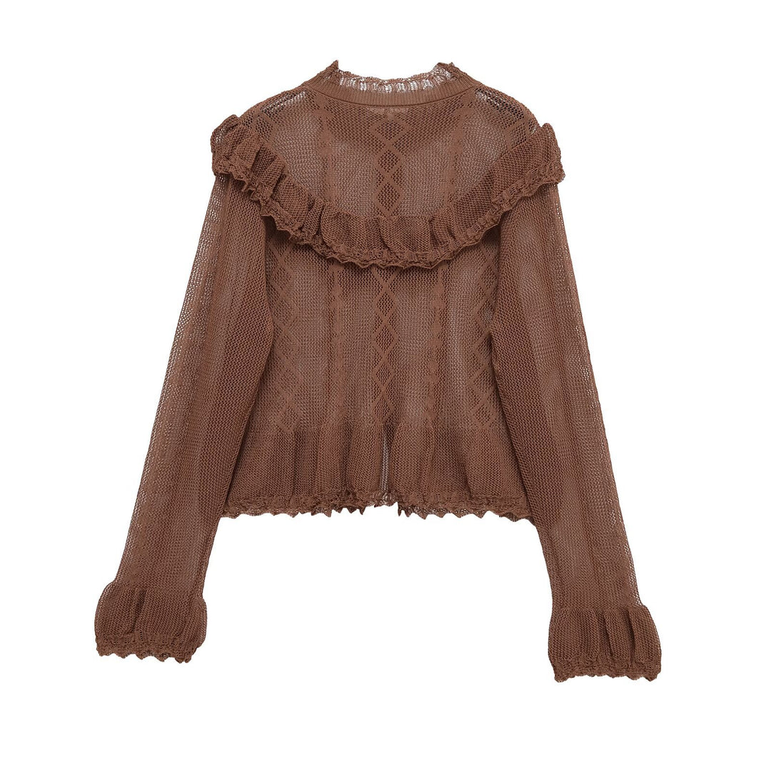 Elegant knit jacket for women with ruffles and buttonhole Lune London