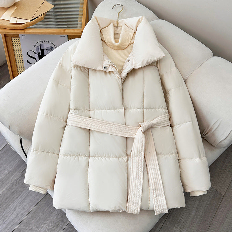 Ladies trendy quilted jacket with belt and high collar Lune London