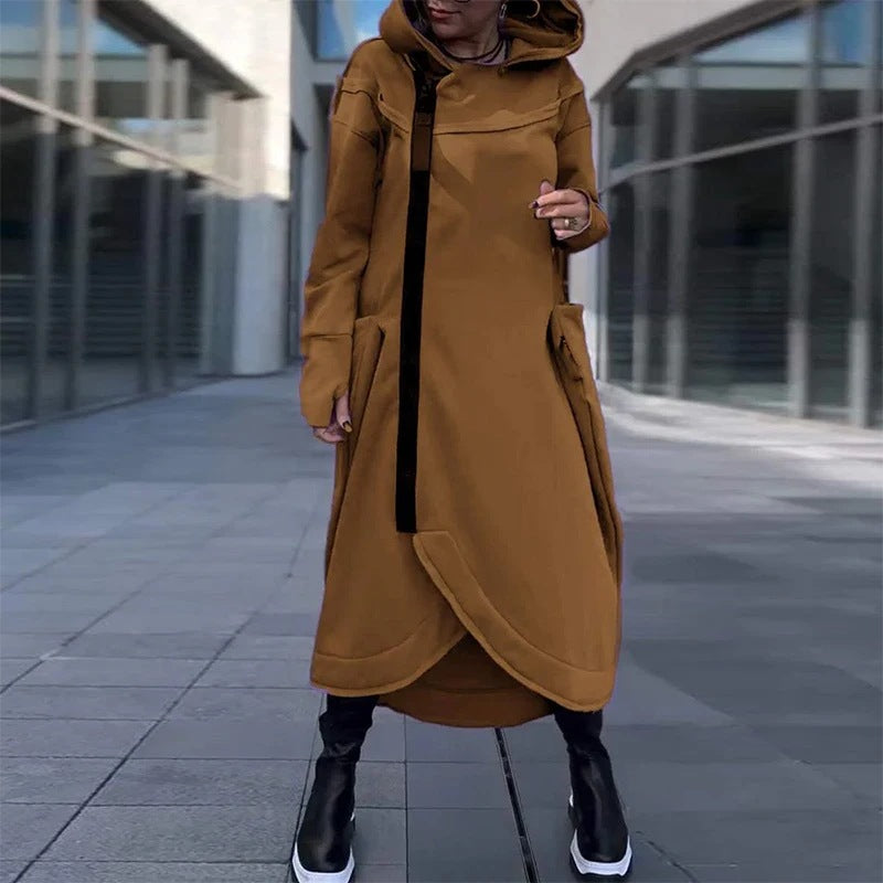 Modern women's hooded coat with side pockets and asymmetrical hem Lune London