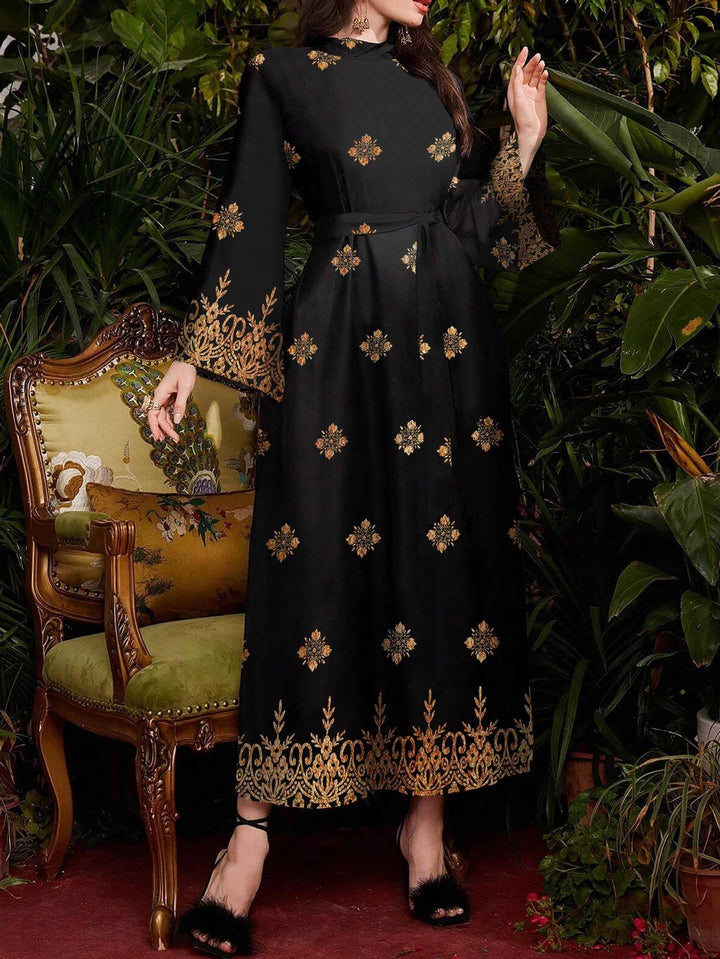 Evening party dress for women with an elegant gold and floral pattern Lune London