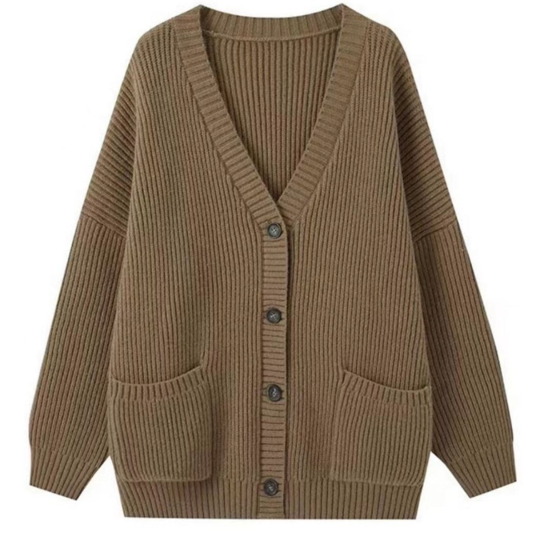 Women Chunky Knit Cardigan with Pockets and Deep V Neck Lune London