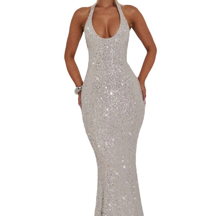 Women's Glamorous Sequin Maxi Dress with Deep V-Neck and Slim Fit Lune London