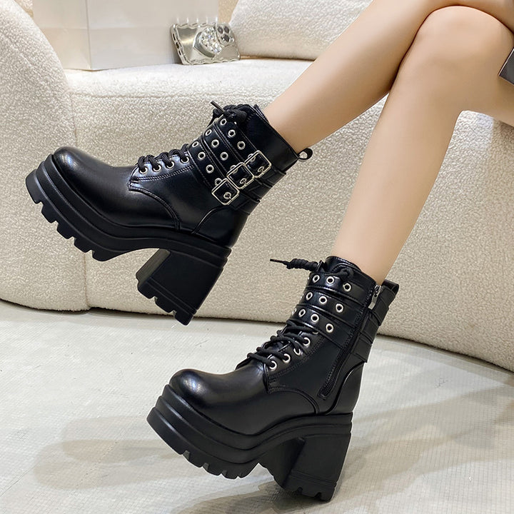 Chunky boots for women with decorative straps and a sturdy profile Lune London