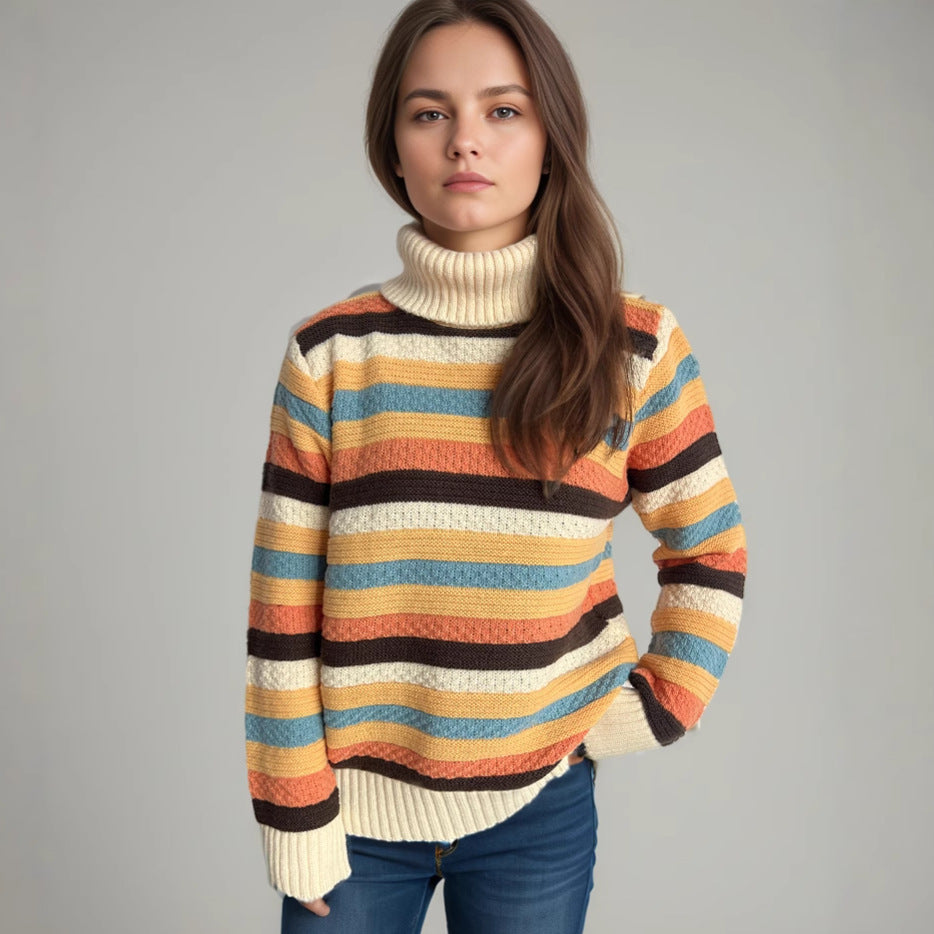 Pull en laine à col roulé rayé pour femmes avec une coupe décontractée et une texture douce Chic & Stil