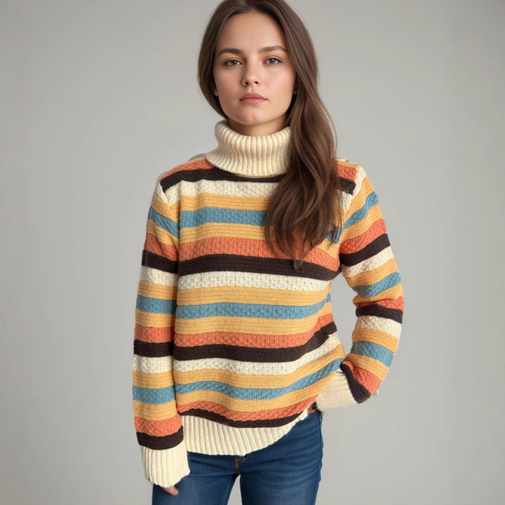 Pull en laine à col roulé rayé pour femmes avec une coupe décontractée et une texture douce Chic & Stil