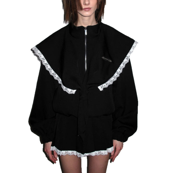 Oversized women's jacket with decorative lace collar and tie belt Lune London