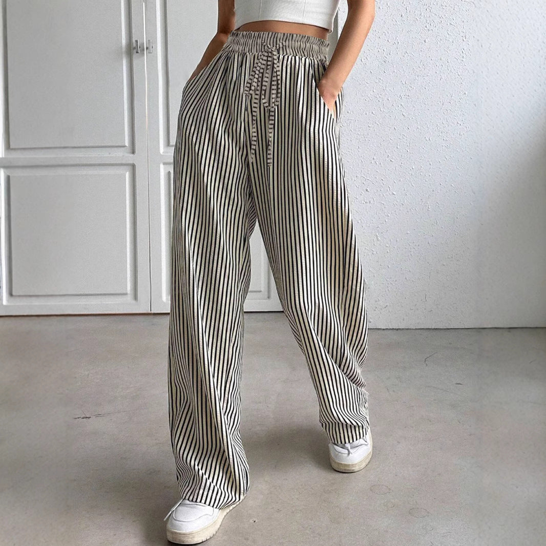 Wide striped pants for ladies with elastic waistband and pockets Lune London