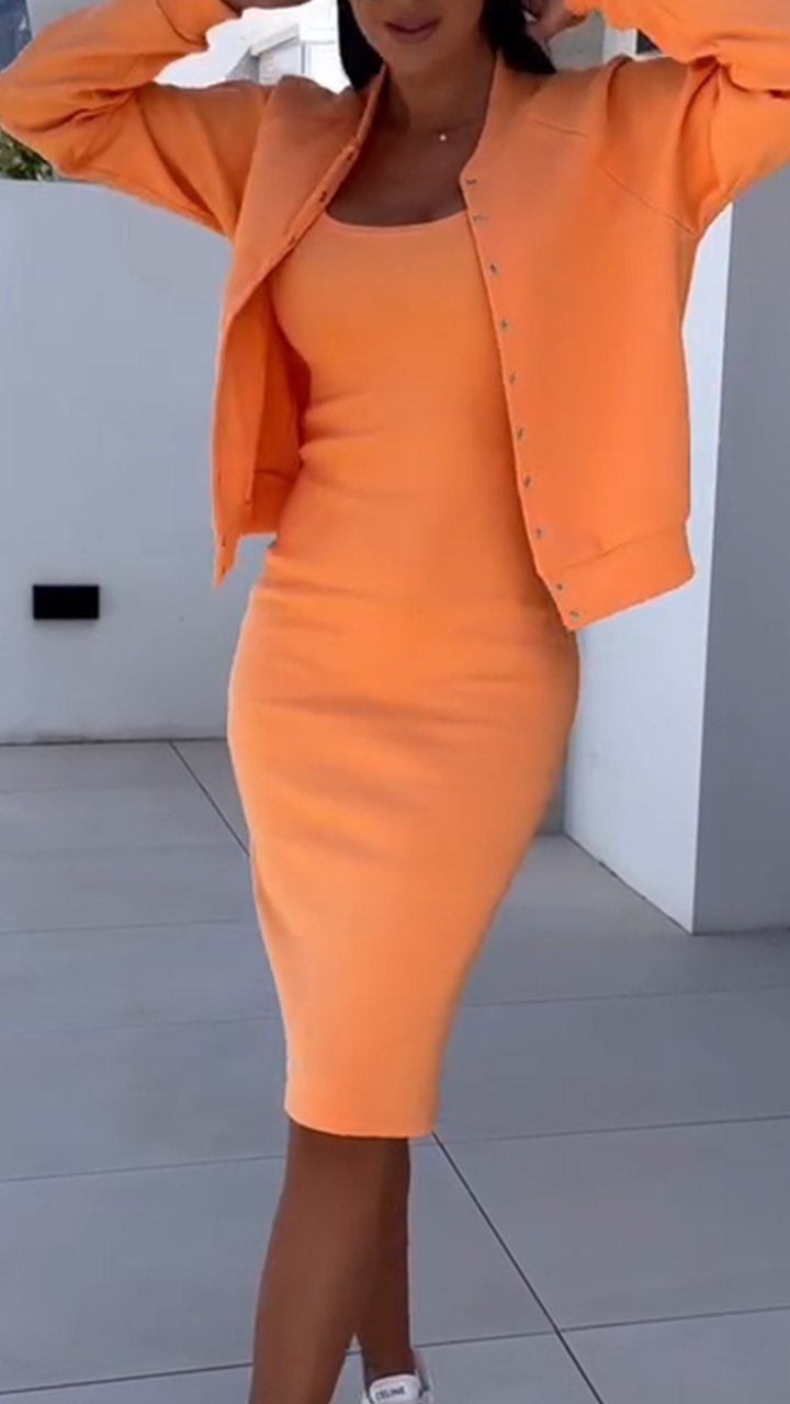Women fashionable sweatshirt dress and chic jacket