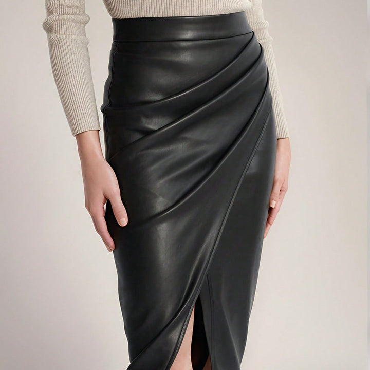 Chic and elegant draped midi skirt in faux leather for women