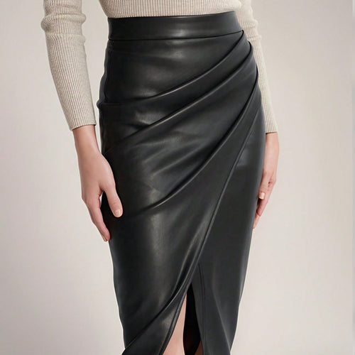 Chic and elegant draped midi skirt in faux leather for women