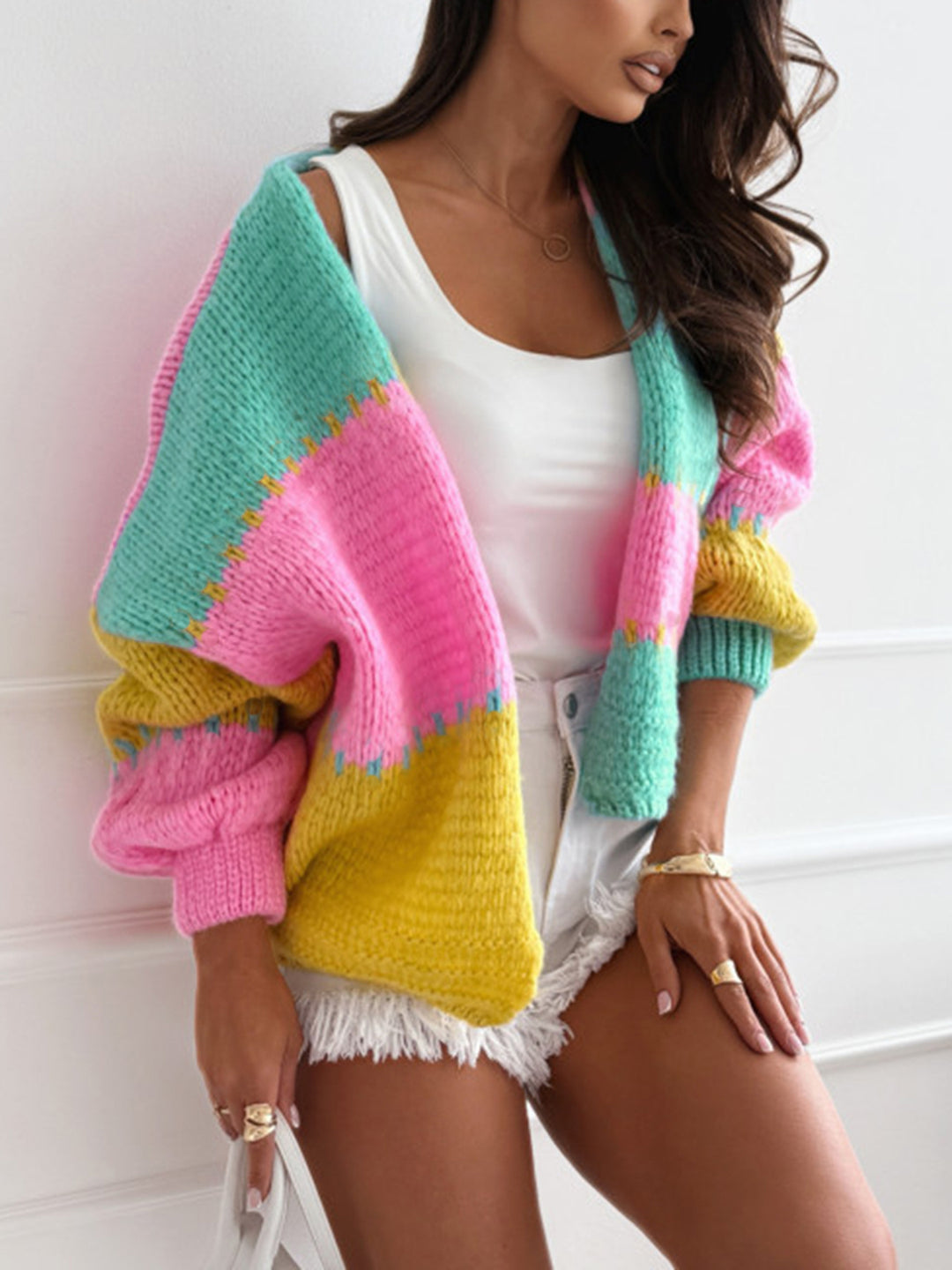 Oversized casual knitted jacket for women with color block design Lune London