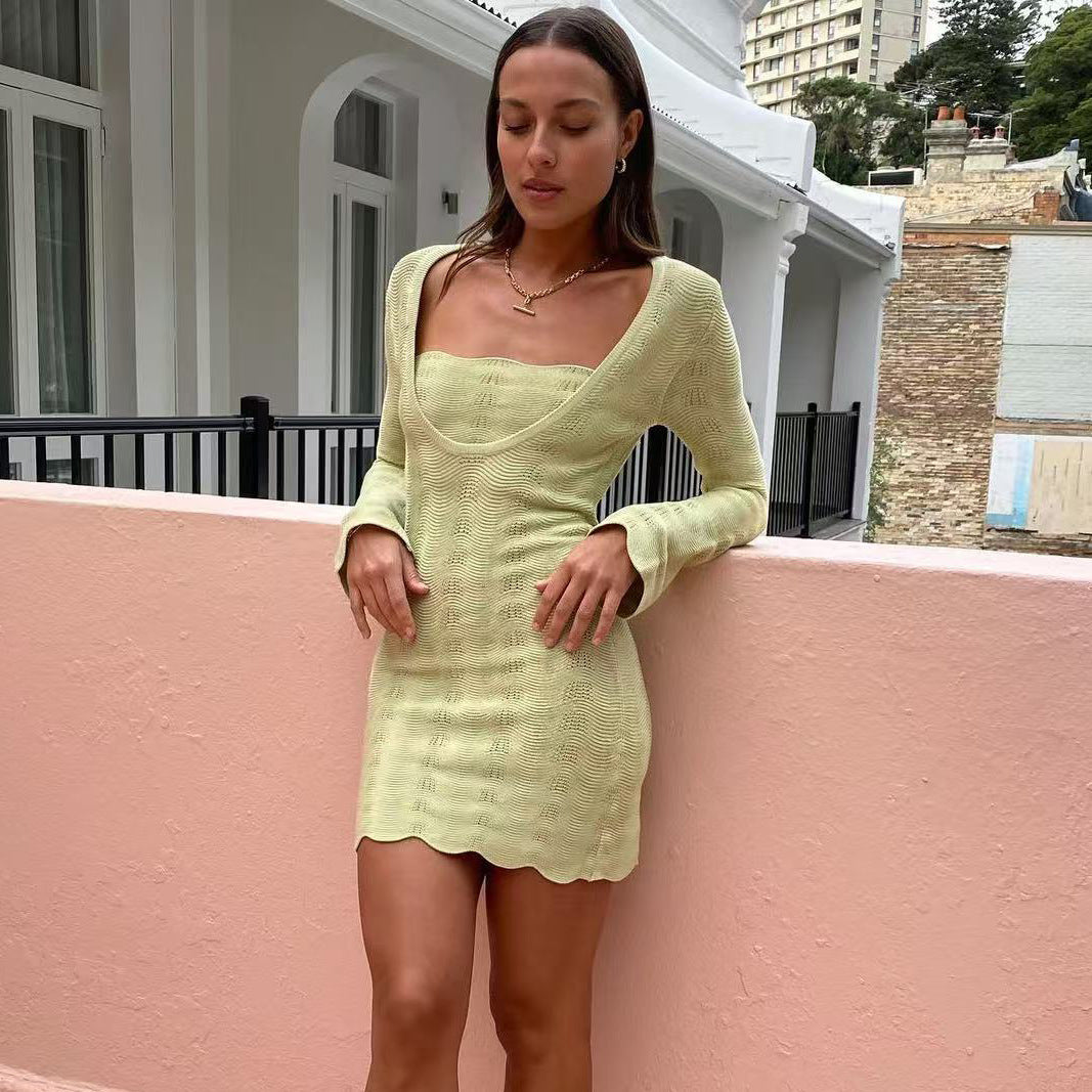 Knit dress for women with deep V-neckline and wave hem Lune London