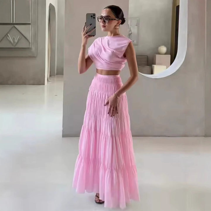 women's set consisting of a trendy crop-top and a maxi-skirt with ruffle details Lune London