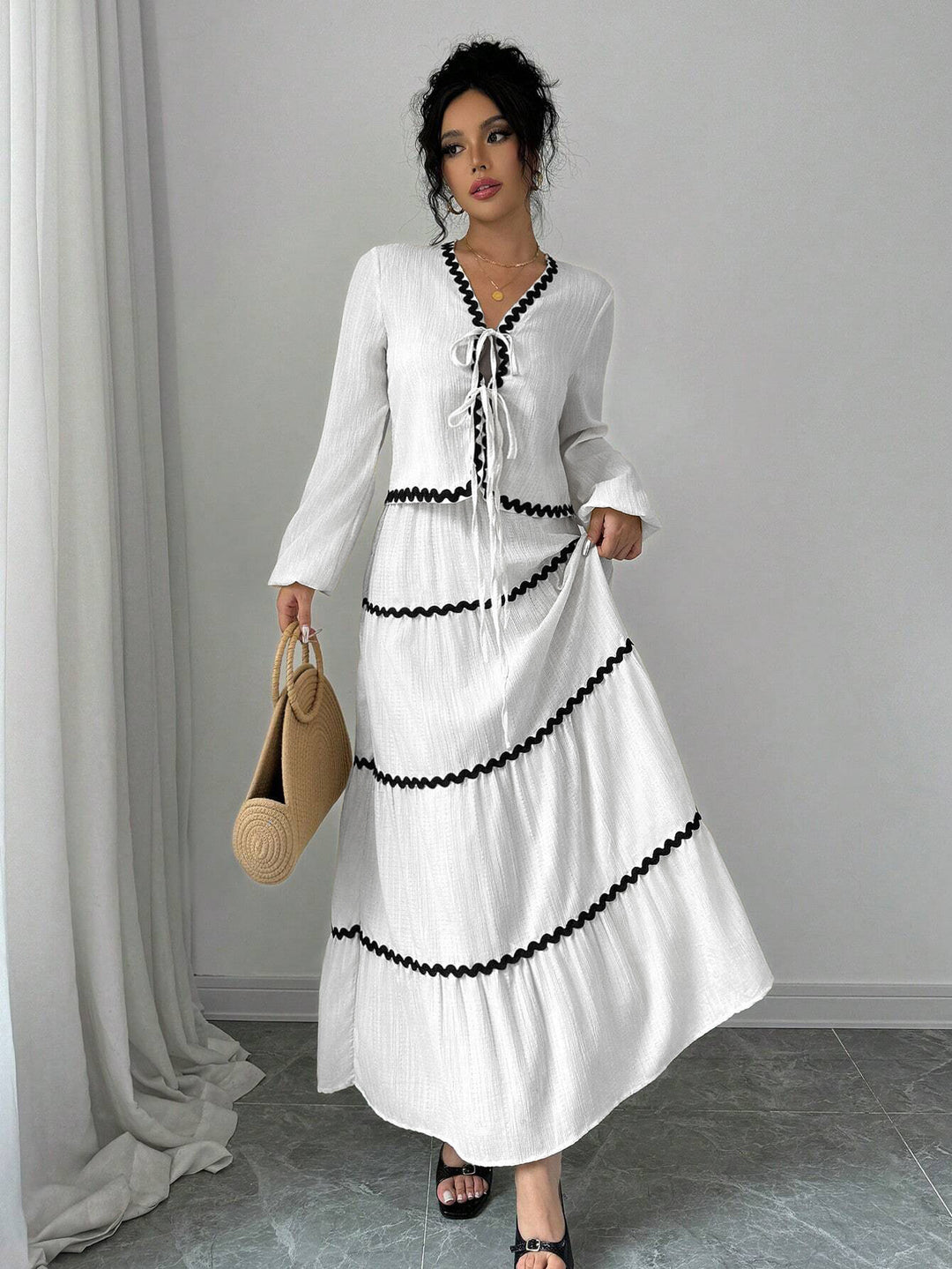 Maxi dress for women with elegant gathers and contrasting bias Lune London