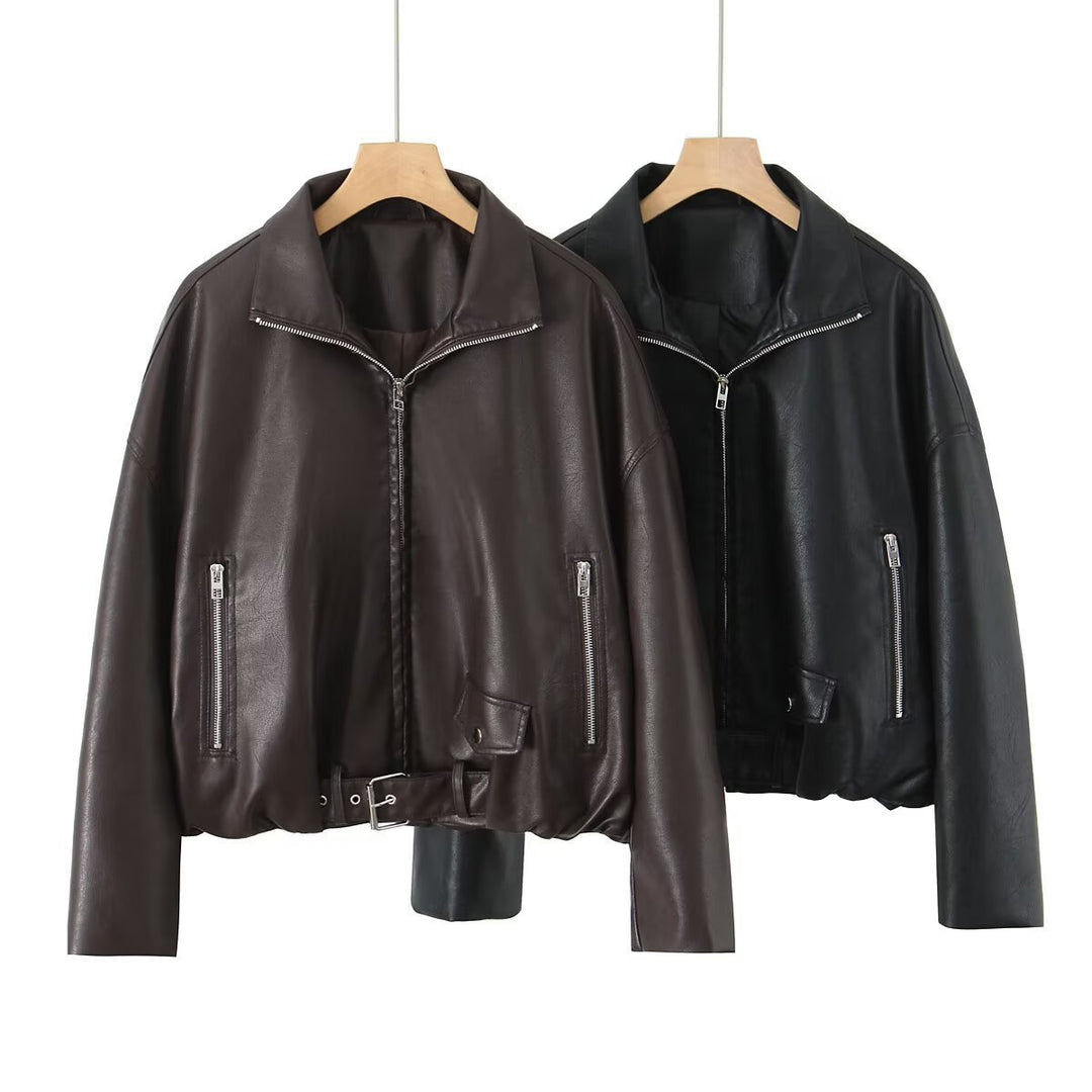 Cropped faux leather jacket for women with striking high collar and practical zip pockets Lune London