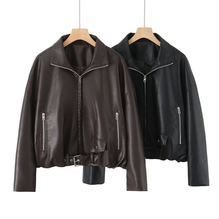 Cropped faux leather jacket for women with striking high collar and practical zip pockets Lune London