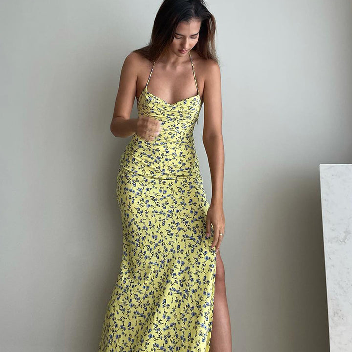Midi dress for women with floral pattern and slit Lune London