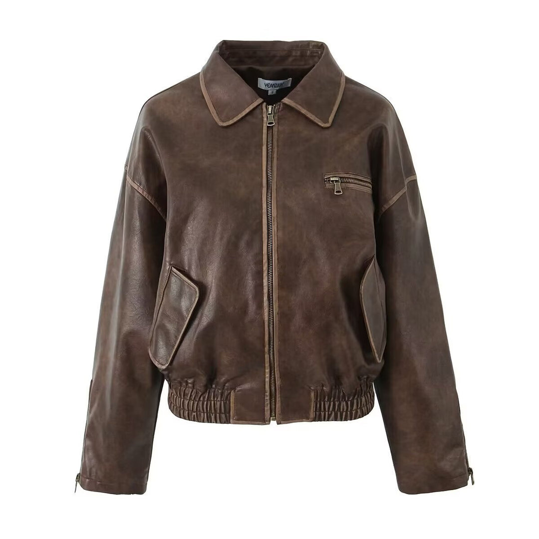 Leather jacket for ladies with a modern design featuring practical zippered pockets Lune London