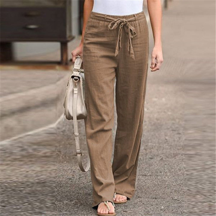 Linen pants for women with elastic waistband and tie belt Lune London