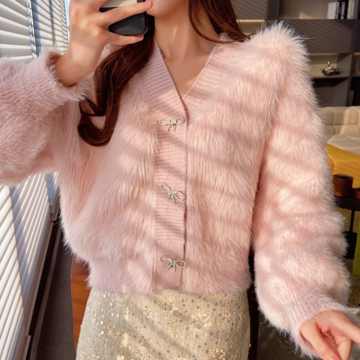 Cardigan Fluffy Femme avec Décoration Élégante de Bouton Chic & Stil