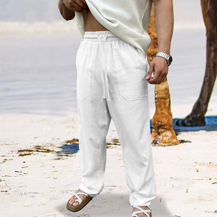 Men's linen cargo pants with elastic waist and practical side pockets Lune London