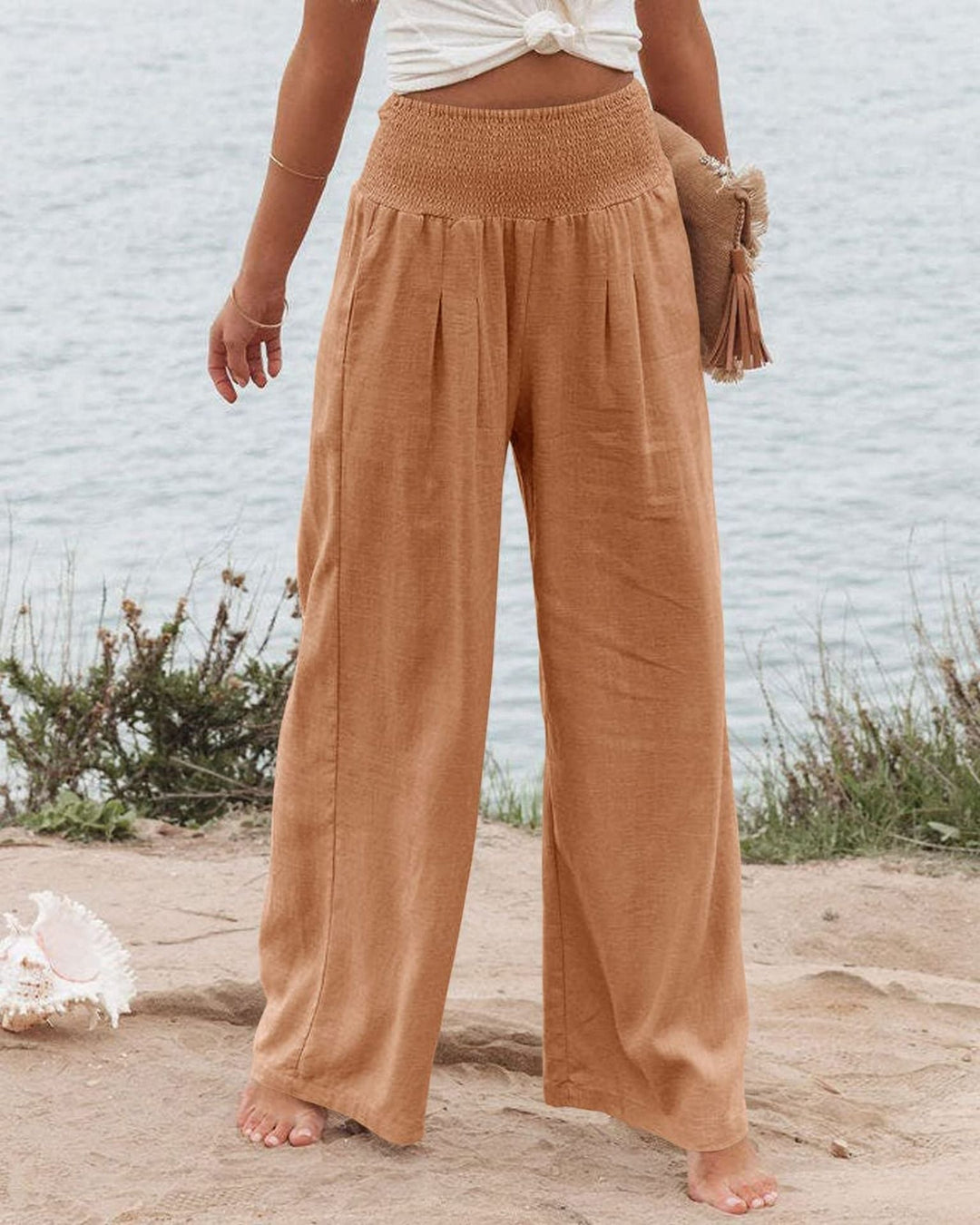 Women's Wide Linen Trousers with Elastic Waistband and Pleats Lune London