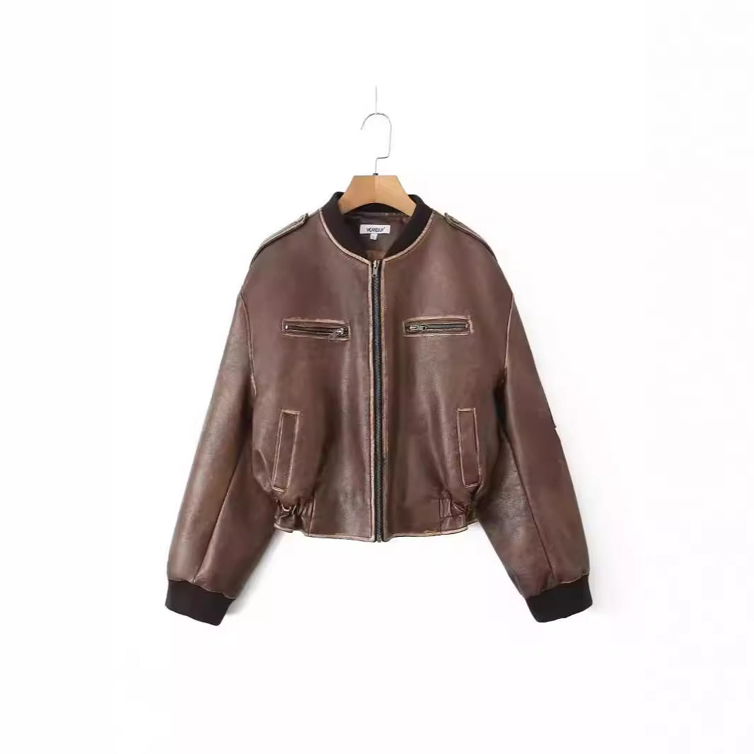 Veste en simili cuir tendance pour femmes avec fermeture éclair et poches à rabat Lune London