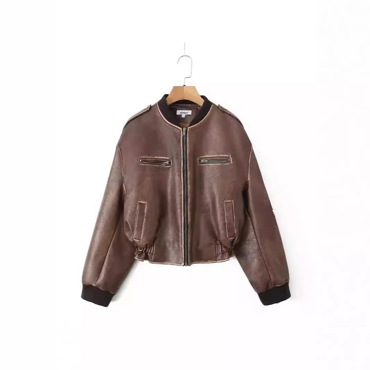 Veste en simili cuir tendance pour femmes avec fermeture éclair et poches à rabat Lune London