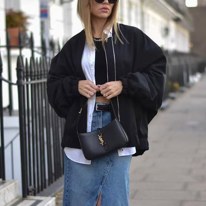 Casual bomber jacket for women in lightweight material with elastic hem and practical pockets Lune London