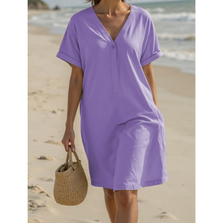 Ladies lightweight summer dress with rolled-up sleeves and a practical button placket Lune London