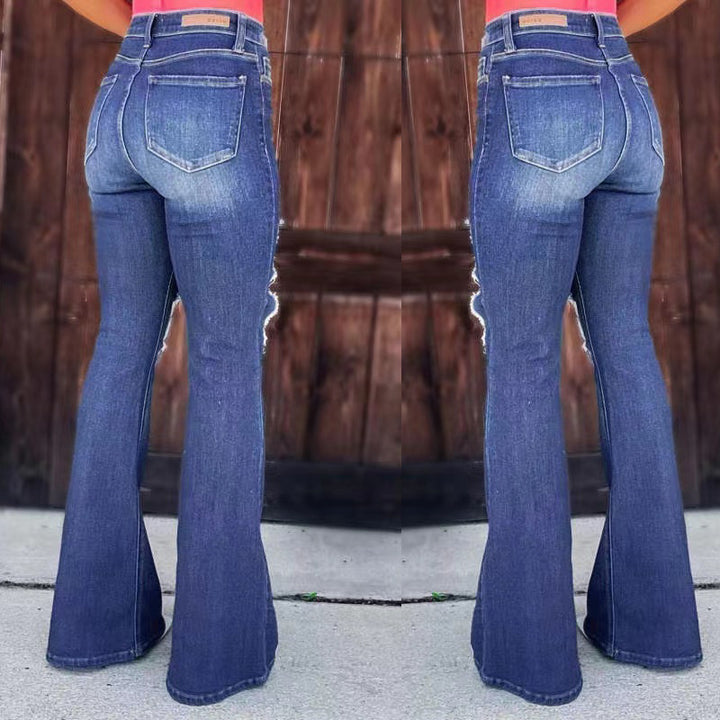 Ladies Flared Jeans with fashionable destroyed effects and high waist Lune London