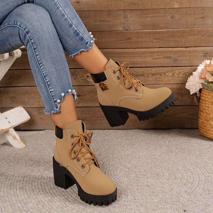 Women Chunky Heel Combat Boots with Sturdy Sole and Stylish Lacing Lune London