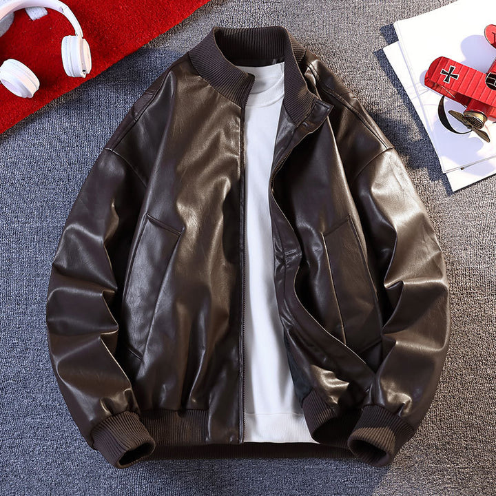 Men's faux leather bomber jacket with elastic ribbed edges and practical pockets Lune London