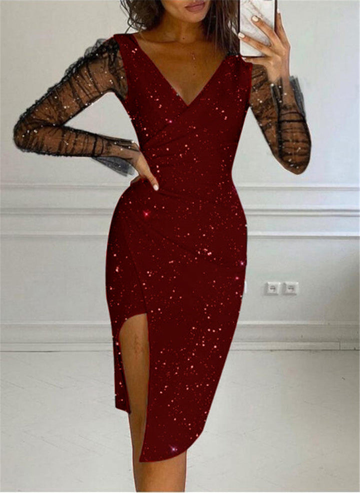 Ladies Elegant Wrap Dress with Transparent Sleeves and Shimmering Star Pattern Lune London