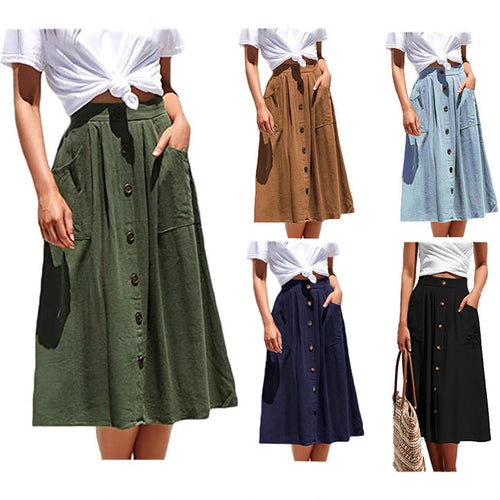 Midi skirt for women with button placket and practical pockets Lune London