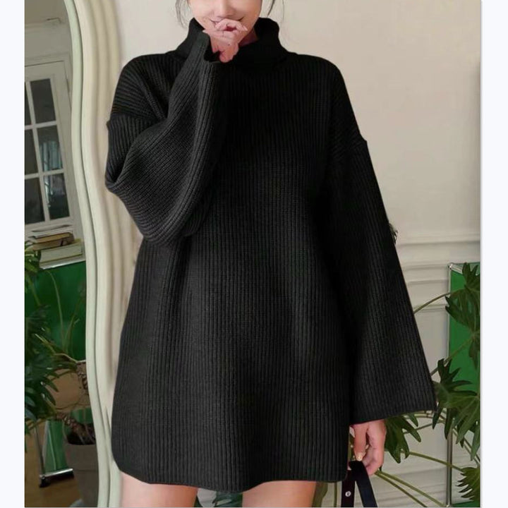 Ladies Long Knit Sweater with High Collar and Flared Sleeves Lune London