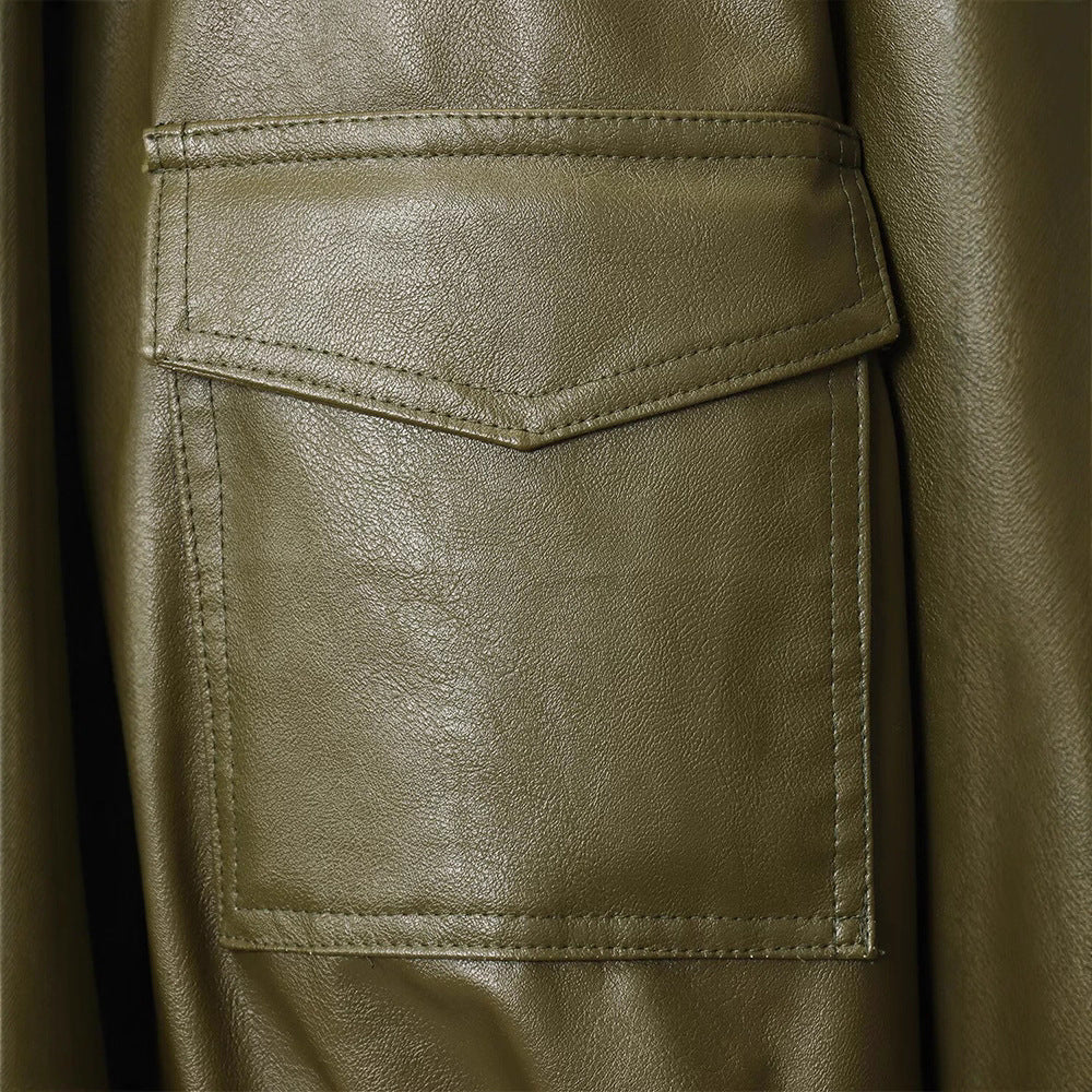 Ladies short faux leather jacket with practical pockets and modern high collar Lune London
