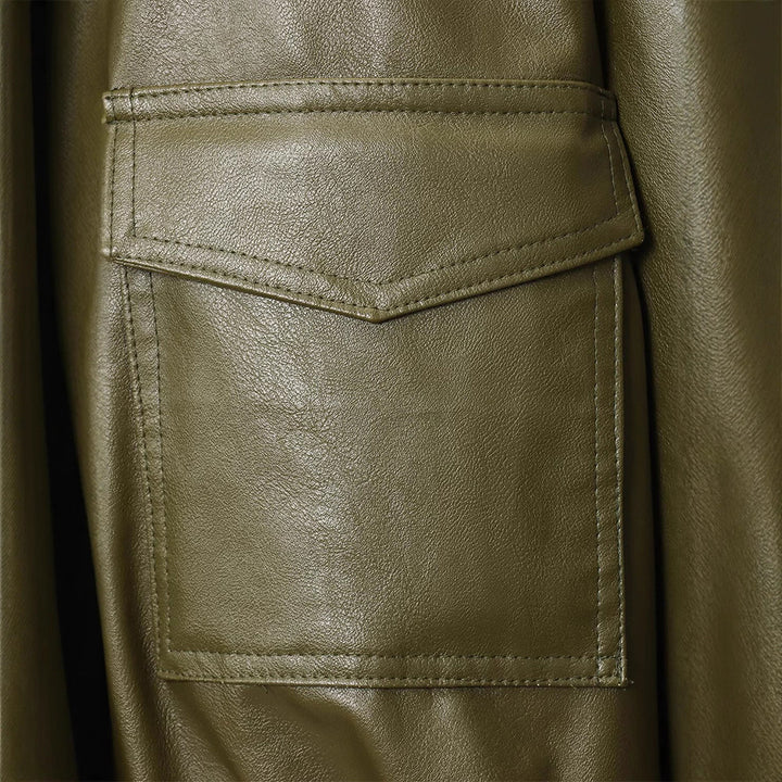 Ladies short faux leather jacket with practical pockets and modern high collar Lune London