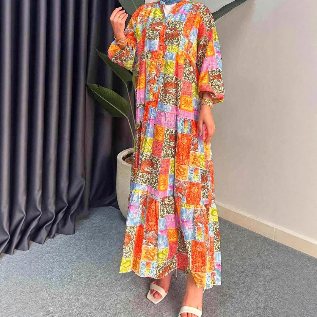 Maxi dress for women in boho style with a colorful patchwork design and wide sleeves Lune London