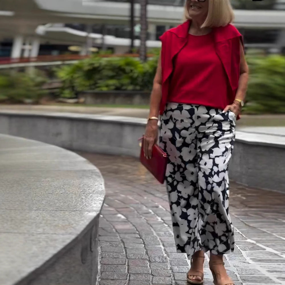Pantalons d'été larges pour femmes avec motif floral et taille élastique Chic & Stil