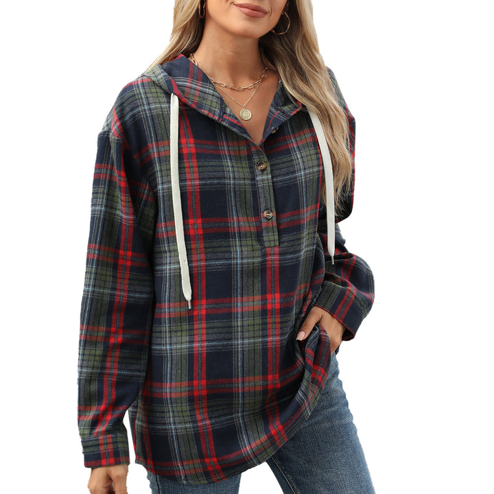 Ladies Checked Overshirt with Hood and Button Details Lune London